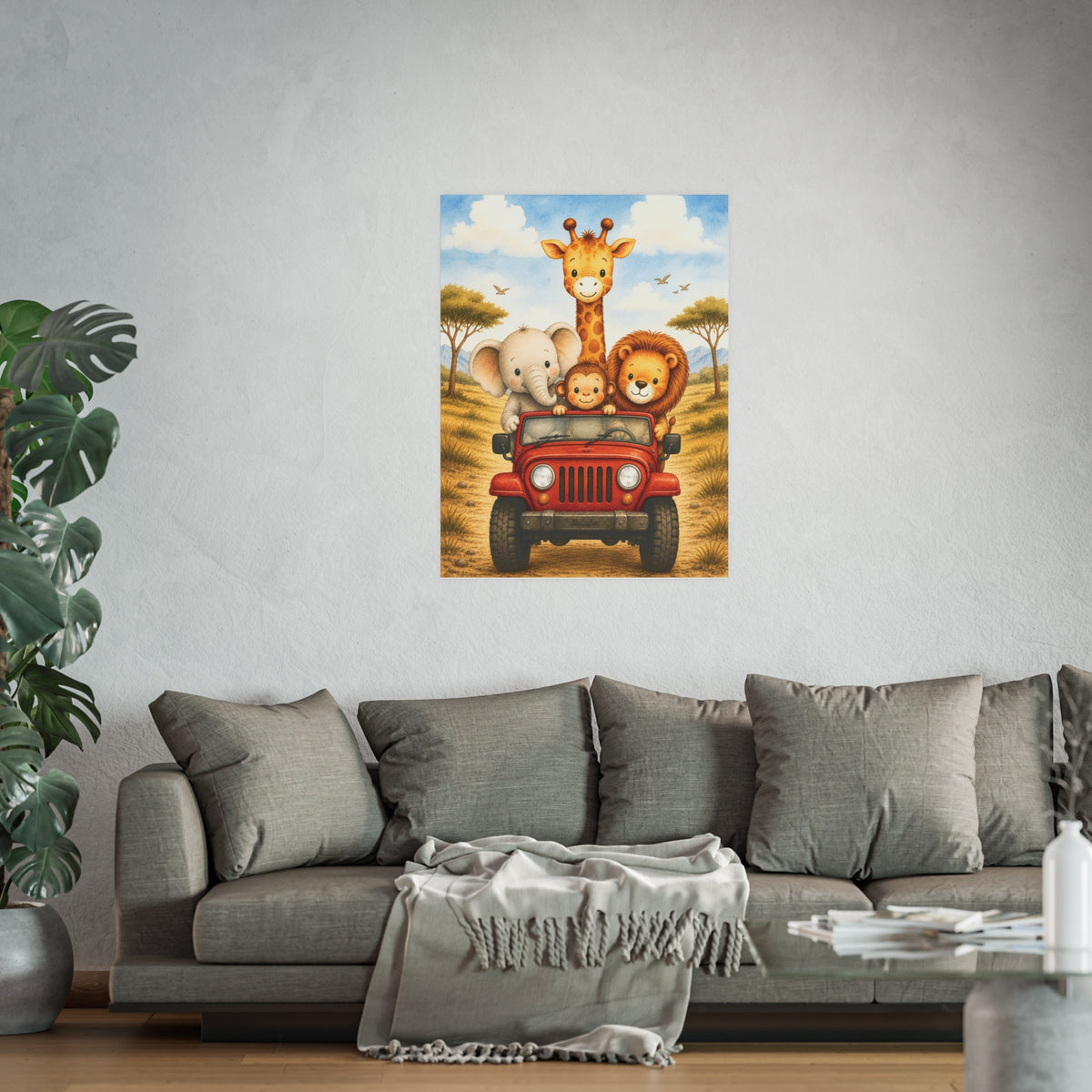 NuSafari™ Safari Nursery Wall Art Poster Unframed Animals in Red Jeep Poster Giraffe Elephant Lion and Monkey Toddler Bedroom