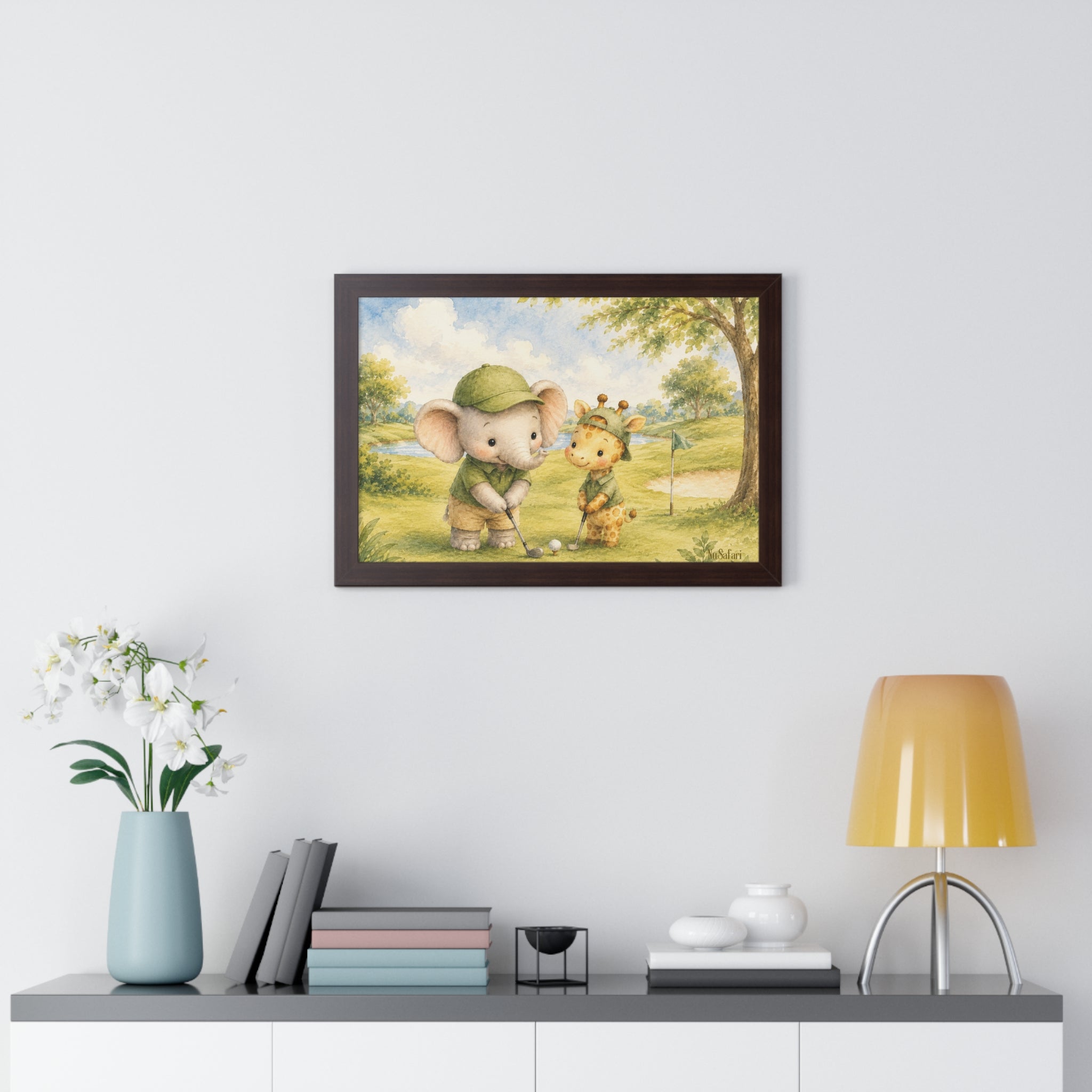Framed Golf Nursery Decor, Elephant Giraffe Wall Art, Safari Print, Daddy Golf Theme Artwork Watercolor Animal Poster