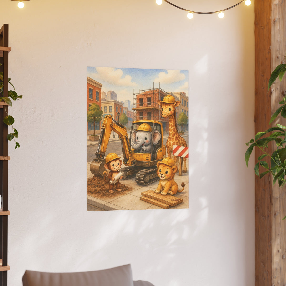 NuSafari™ Construction Nursery Poster Print Wall Art, Safari Animals Excavator Boys Room, Construction Decor, Matte Unframed