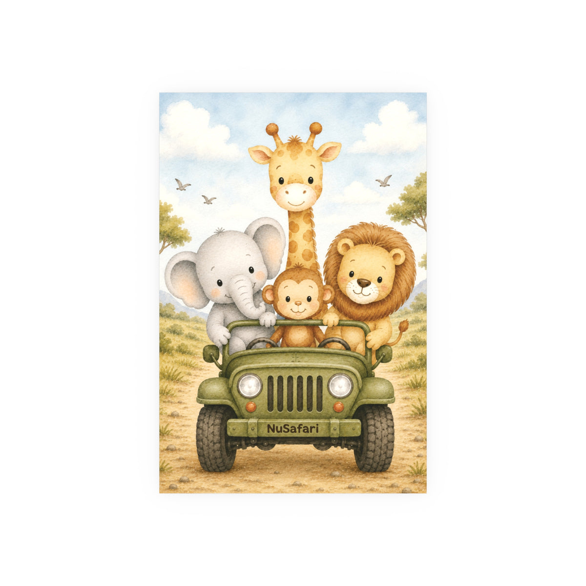 NuSafari™ Jeep Nursery Wall Art Poster Animal Adventure, Safari Nursery, Elephant Lion Giraffe Monkey Poster