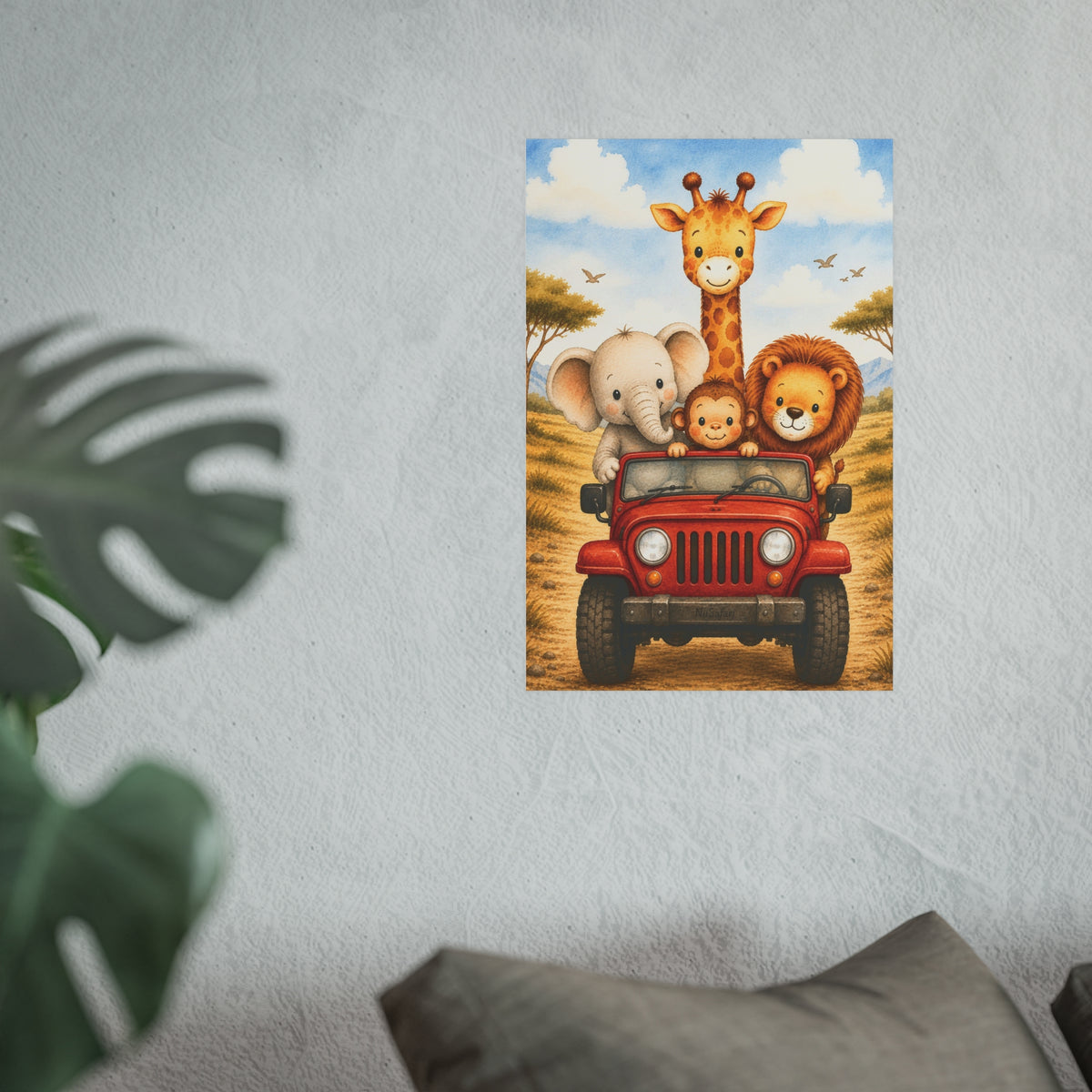 NuSafari™ Safari Nursery Wall Art Poster Unframed Animals in Red Jeep Poster Giraffe Elephant Lion and Monkey Toddler Bedroom