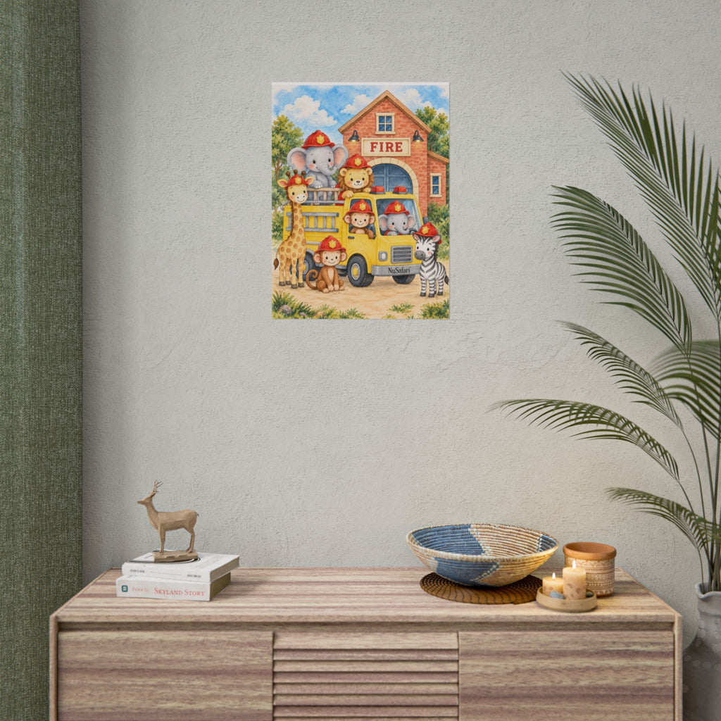 NuSafari™ Fire Truck Nursery Kids Wall Art Poster, Safari Animal Firefighter Decor Elephant, Lion, Giraffe, Monkey and Zebra