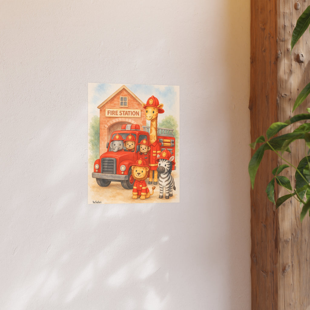 Firefighter Nursery Poster Safari Animal Fire Truck Wall Art, Baby Boy Room Decor, Kids Bedroom Print