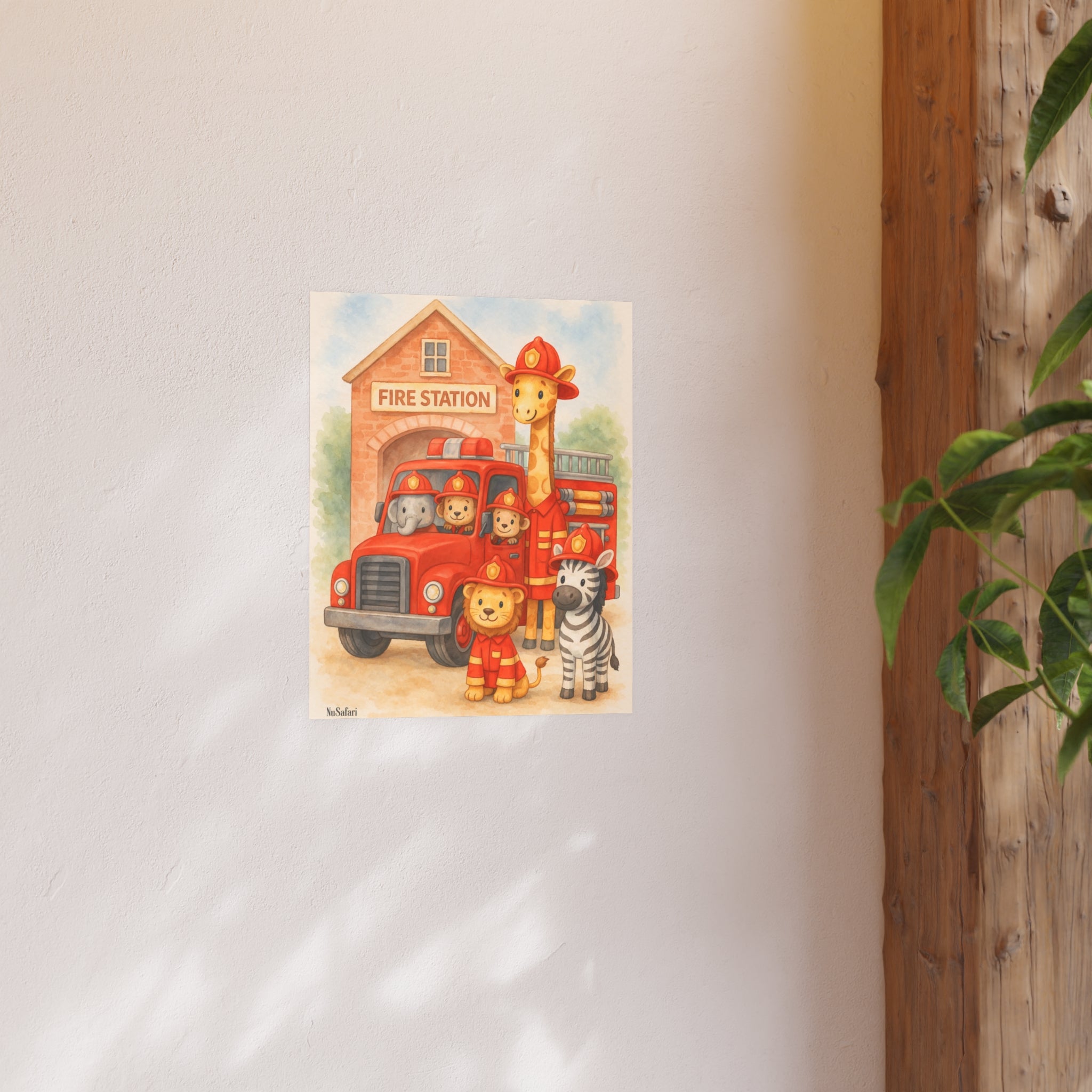 Firefighter Nursery Poster Safari Animal Fire Truck Wall Art, Baby Boy Room Decor, Kids Bedroom Print
