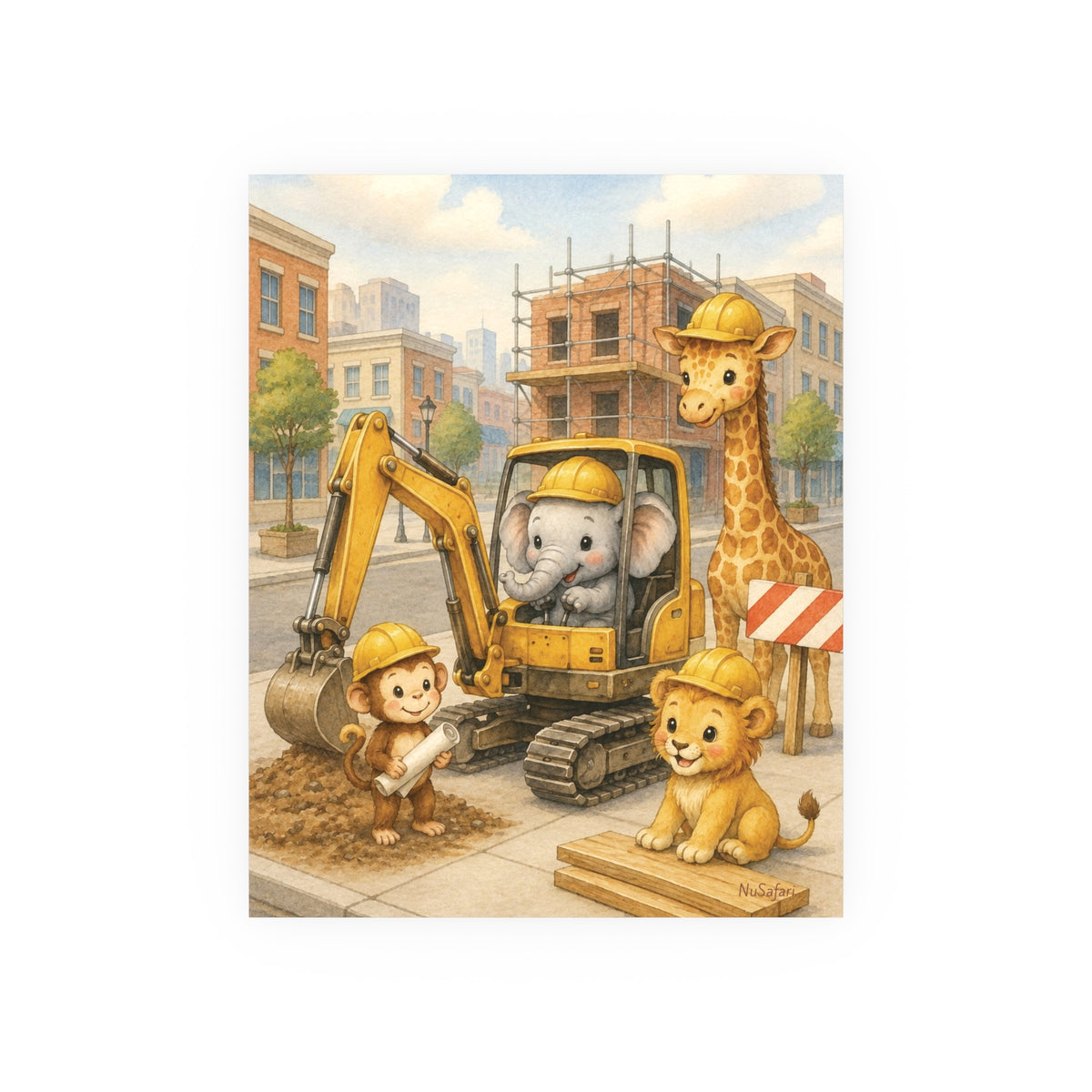NuSafari™ Construction Nursery Poster Print Wall Art, Safari Animals Excavator Boys Room, Construction Decor, Matte Unframed