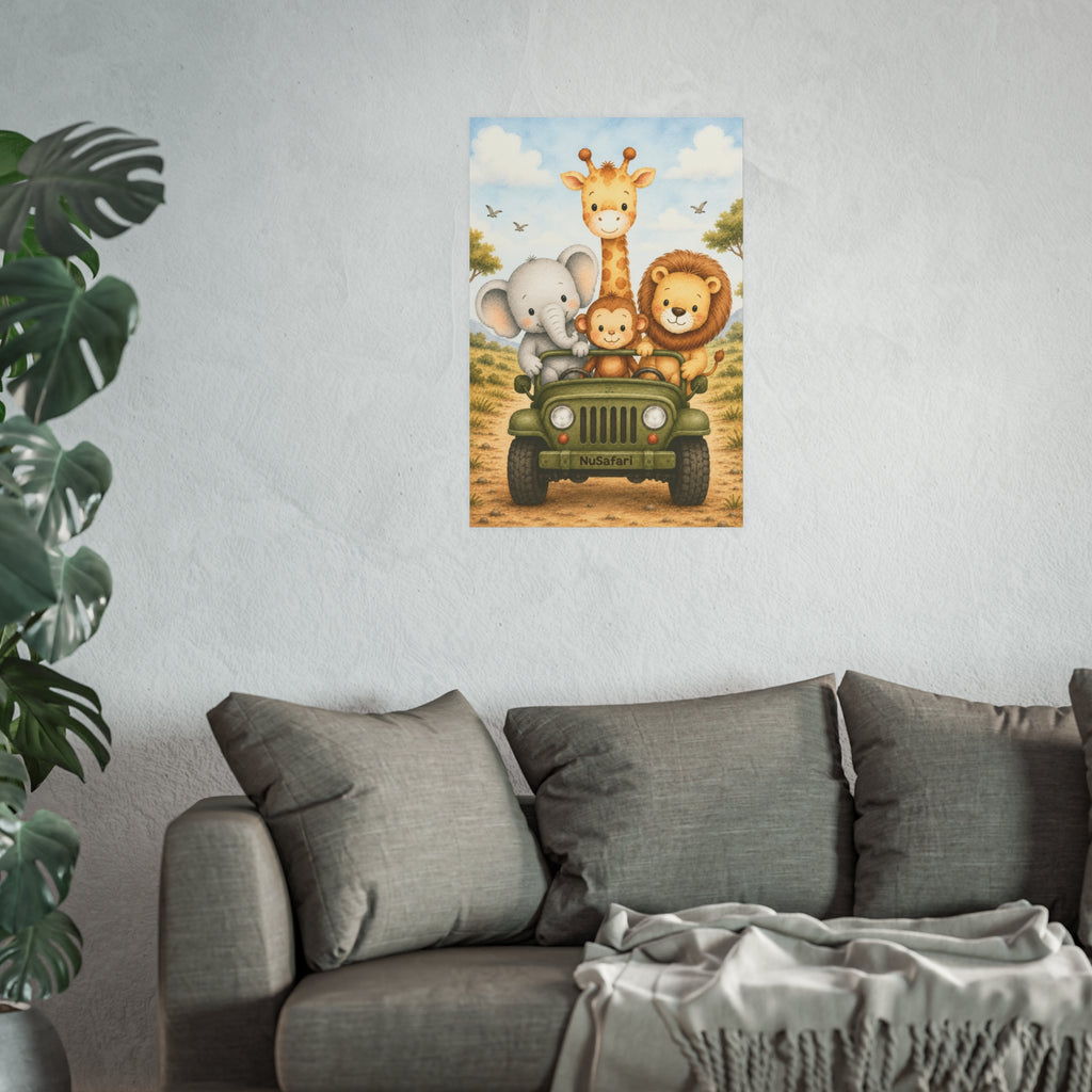 NuSafari™ Jeep Nursery Wall Art Poster Animal Adventure, Safari Nursery, Elephant Lion Giraffe Monkey Poster