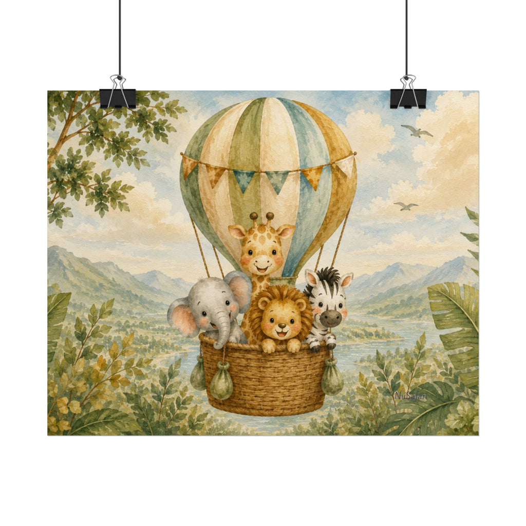 NuSafari™ Nursery Wall Art, Jungle Hot Air Balloon with Animal Nursery Print, Unframed Matte Poster, 10x8, 20x16 or 24x18