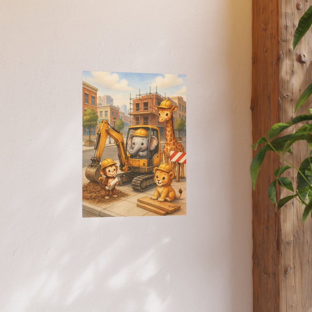 NuSafari™ Construction Nursery Poster Print Wall Art, Safari Animals Excavator Boys Room, Construction Decor, Matte Unframed