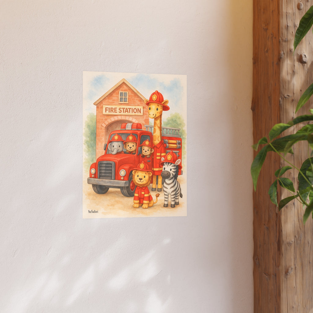 Firefighter Nursery Poster Safari Animal Fire Truck Wall Art, Baby Boy Room Decor, Kids Bedroom Print