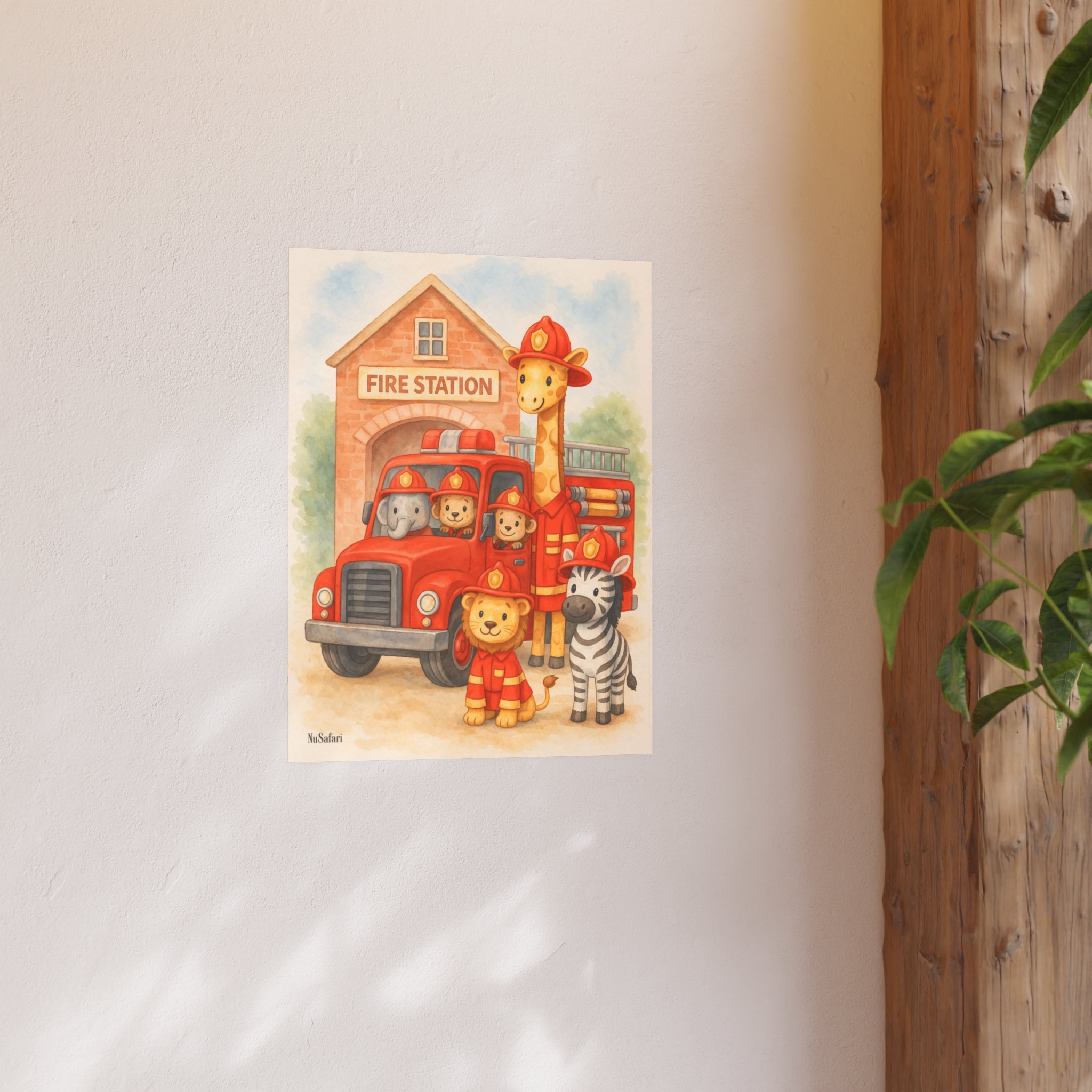 Firefighter Nursery Poster Safari Animal Fire Truck Wall Art, Baby Boy Room Decor, Kids Bedroom Print