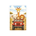 NuSafari™ Safari Nursery Wall Art Poster Unframed Animals in Red Jeep Poster Giraffe Elephant Lion and Monkey Toddler Bedroom