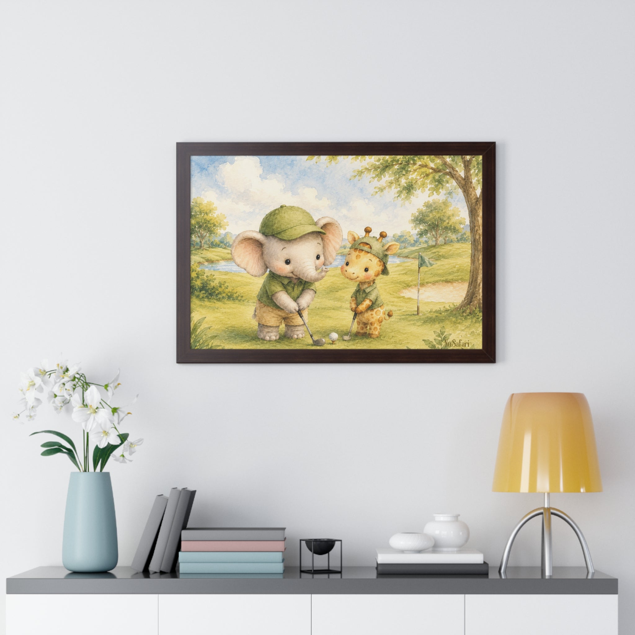 Framed Golf Nursery Decor, Elephant Giraffe Wall Art, Safari Print, Daddy Golf Theme Artwork Watercolor Animal Poster