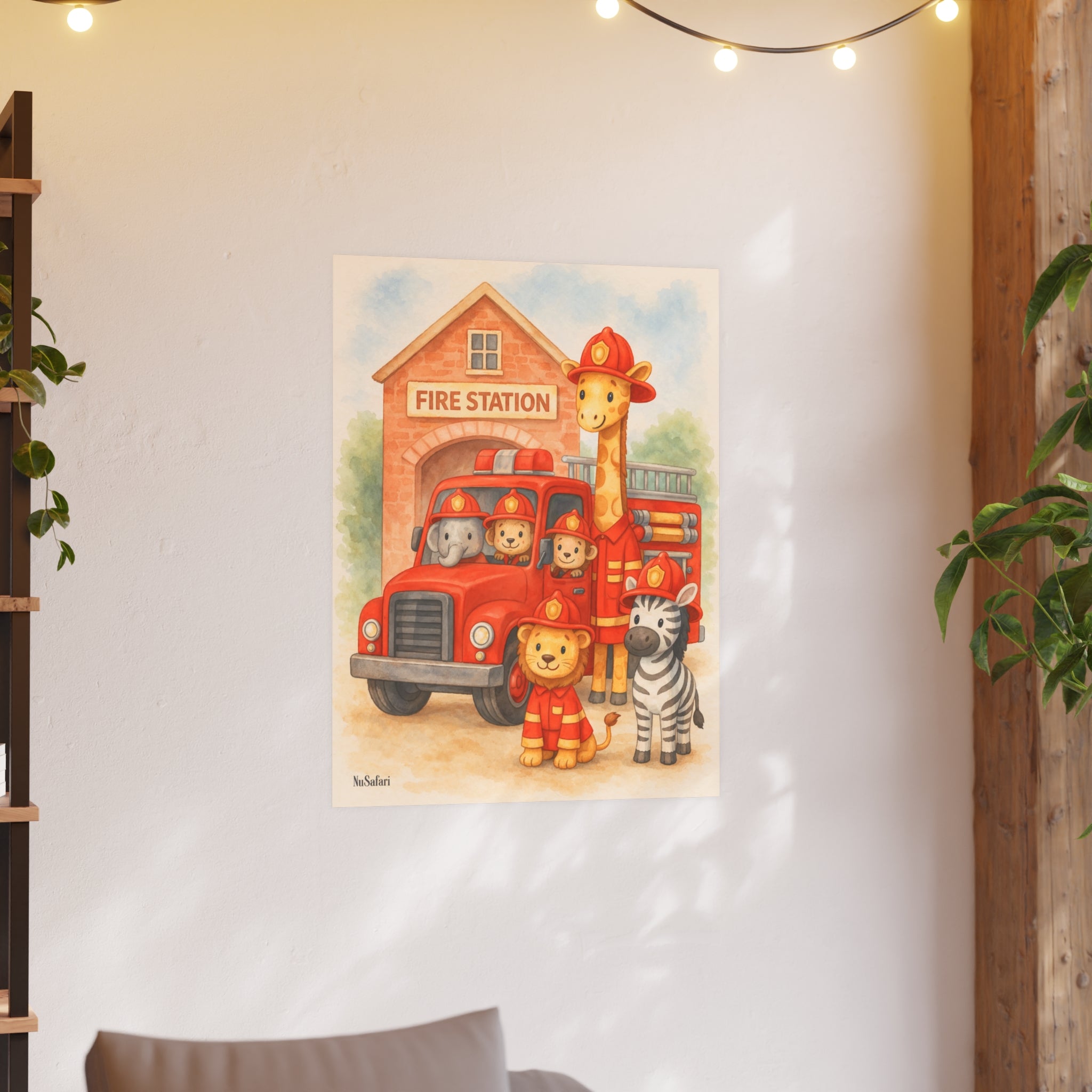 Firefighter Nursery Poster Safari Animal Fire Truck Wall Art, Baby Boy Room Decor, Kids Bedroom Print
