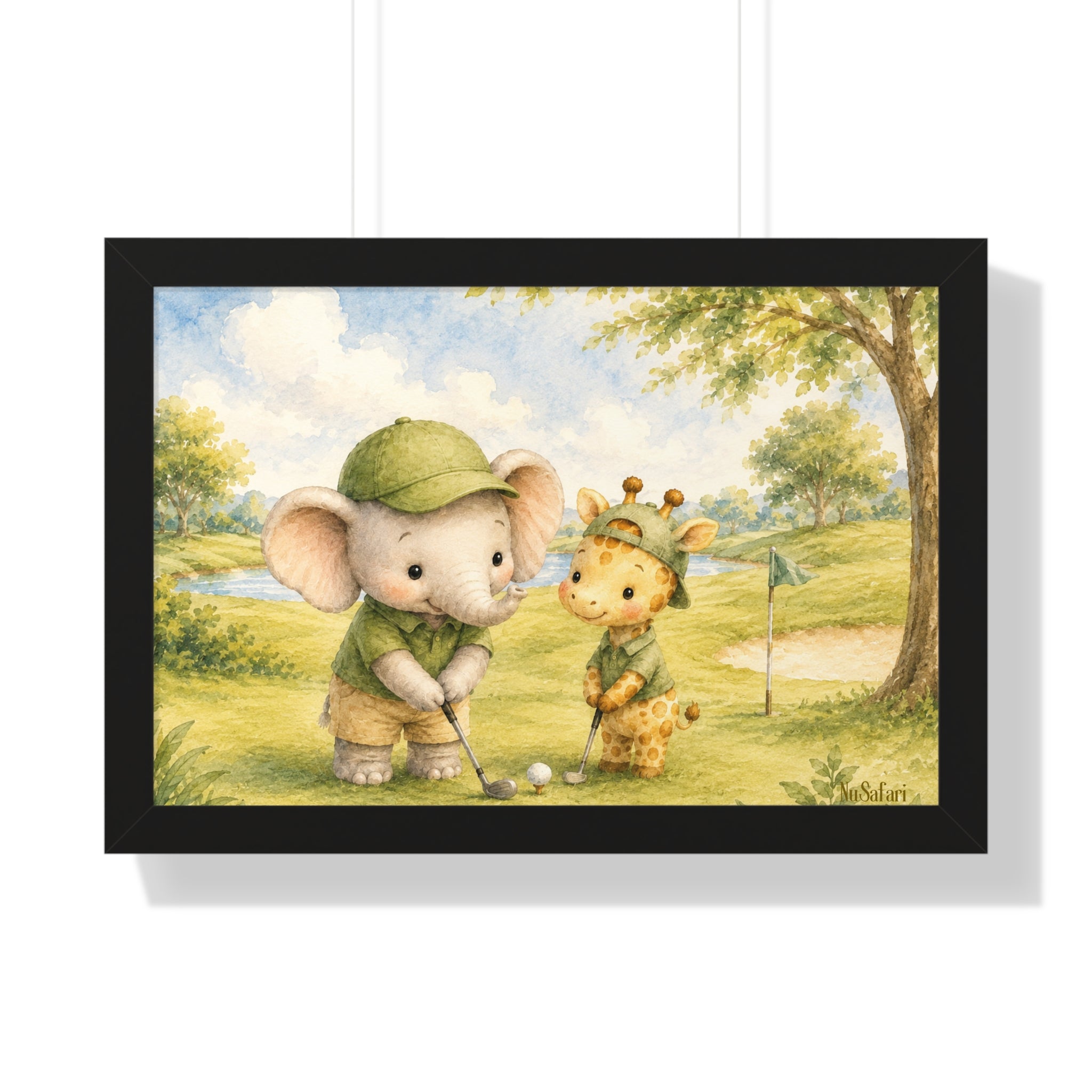 Framed Golf Nursery Decor, Elephant Giraffe Wall Art, Safari Print, Daddy Golf Theme Artwork Watercolor Animal Poster