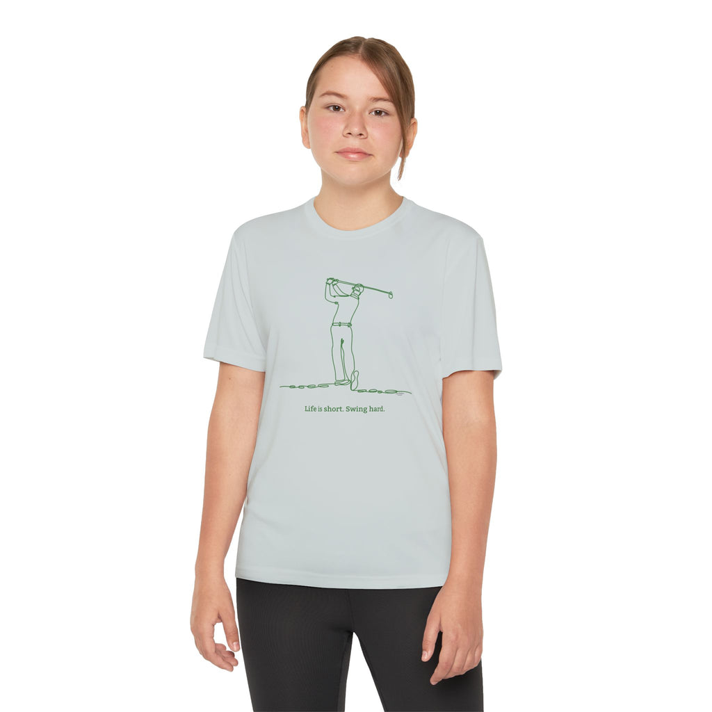 Minimalist Swinging Youth Golfer Performance Tee
