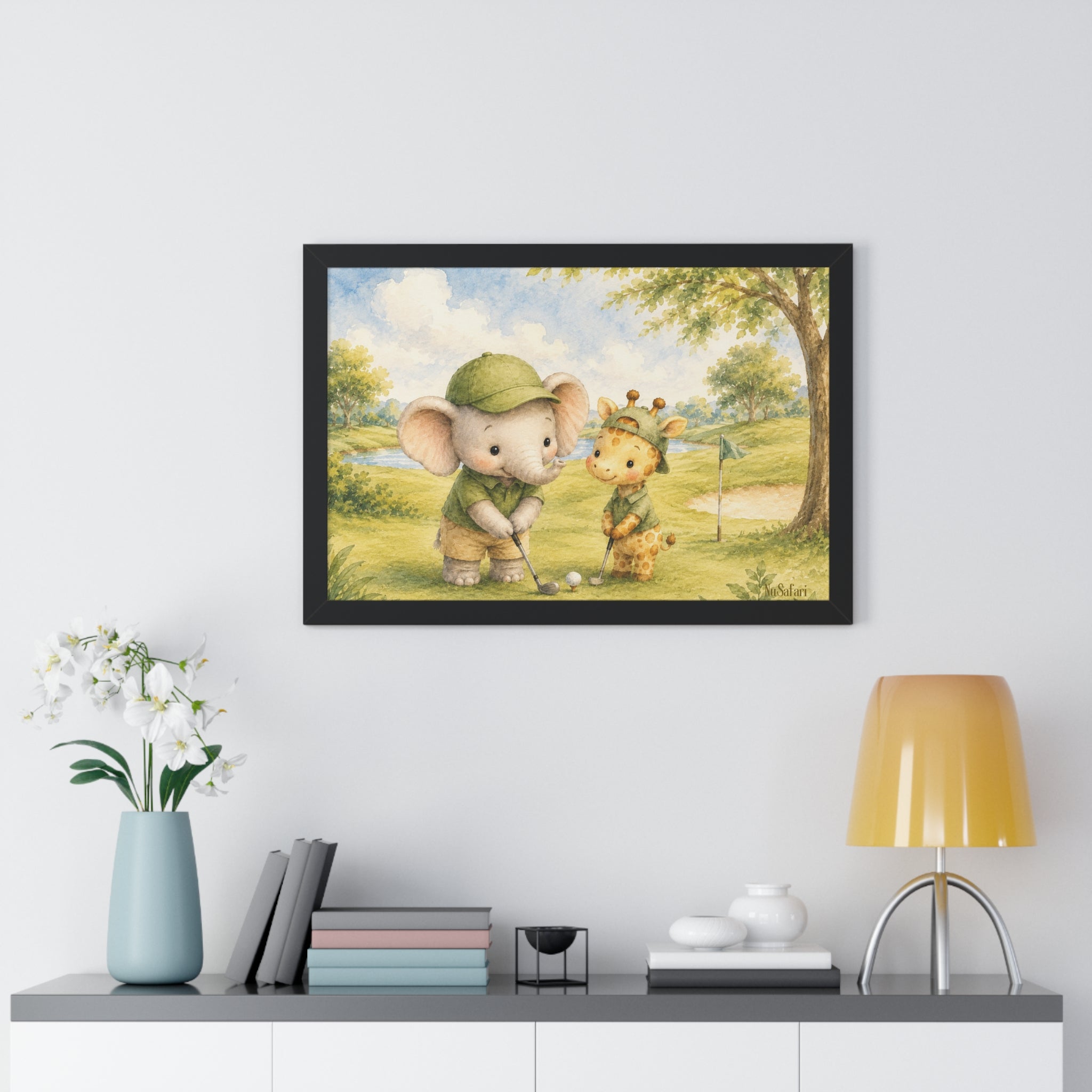 Framed Golf Nursery Decor, Elephant Giraffe Wall Art, Safari Print, Daddy Golf Theme Artwork Watercolor Animal Poster