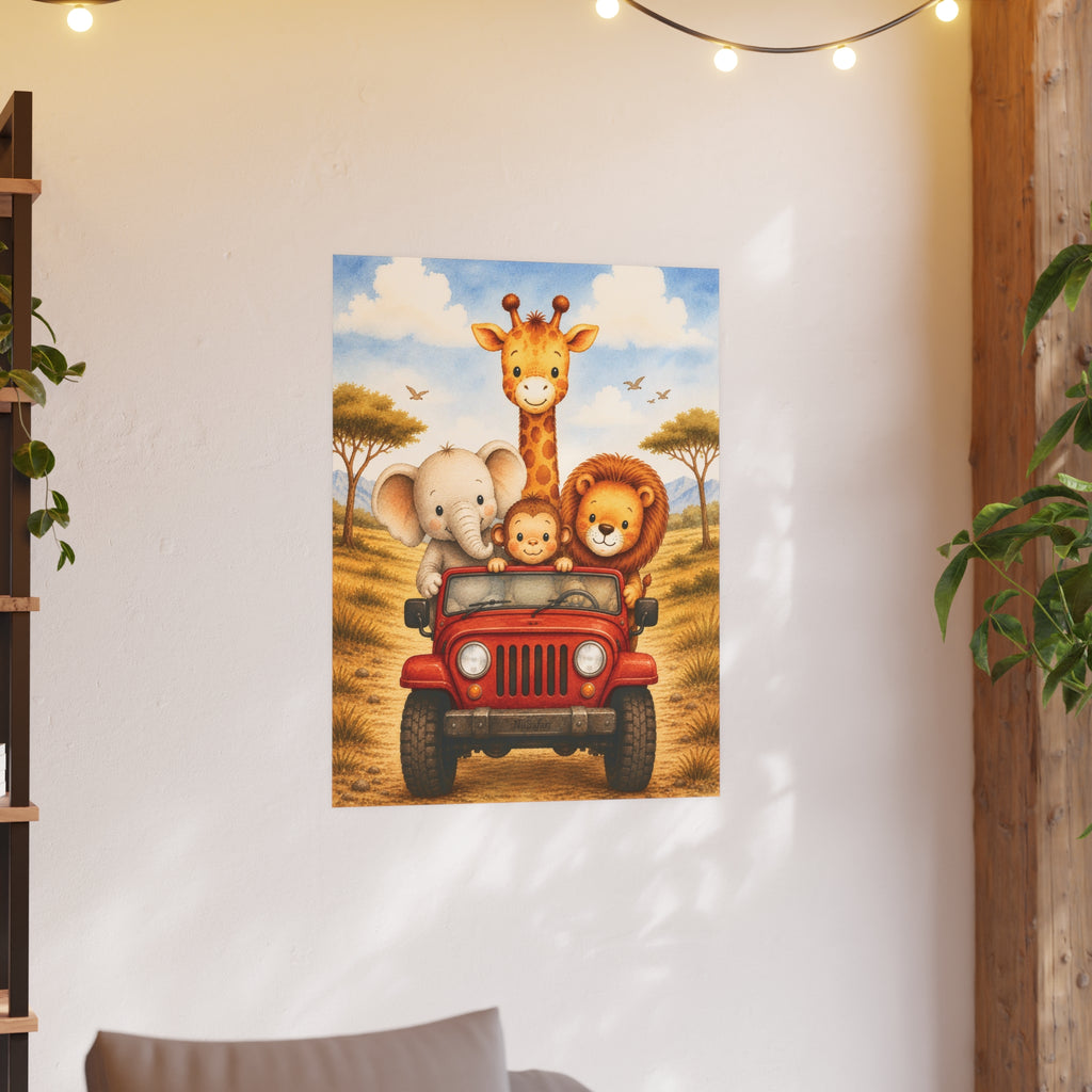 NuSafari™ Safari Nursery Wall Art Poster Unframed Animals in Red Jeep Poster Giraffe Elephant Lion and Monkey Toddler Bedroom