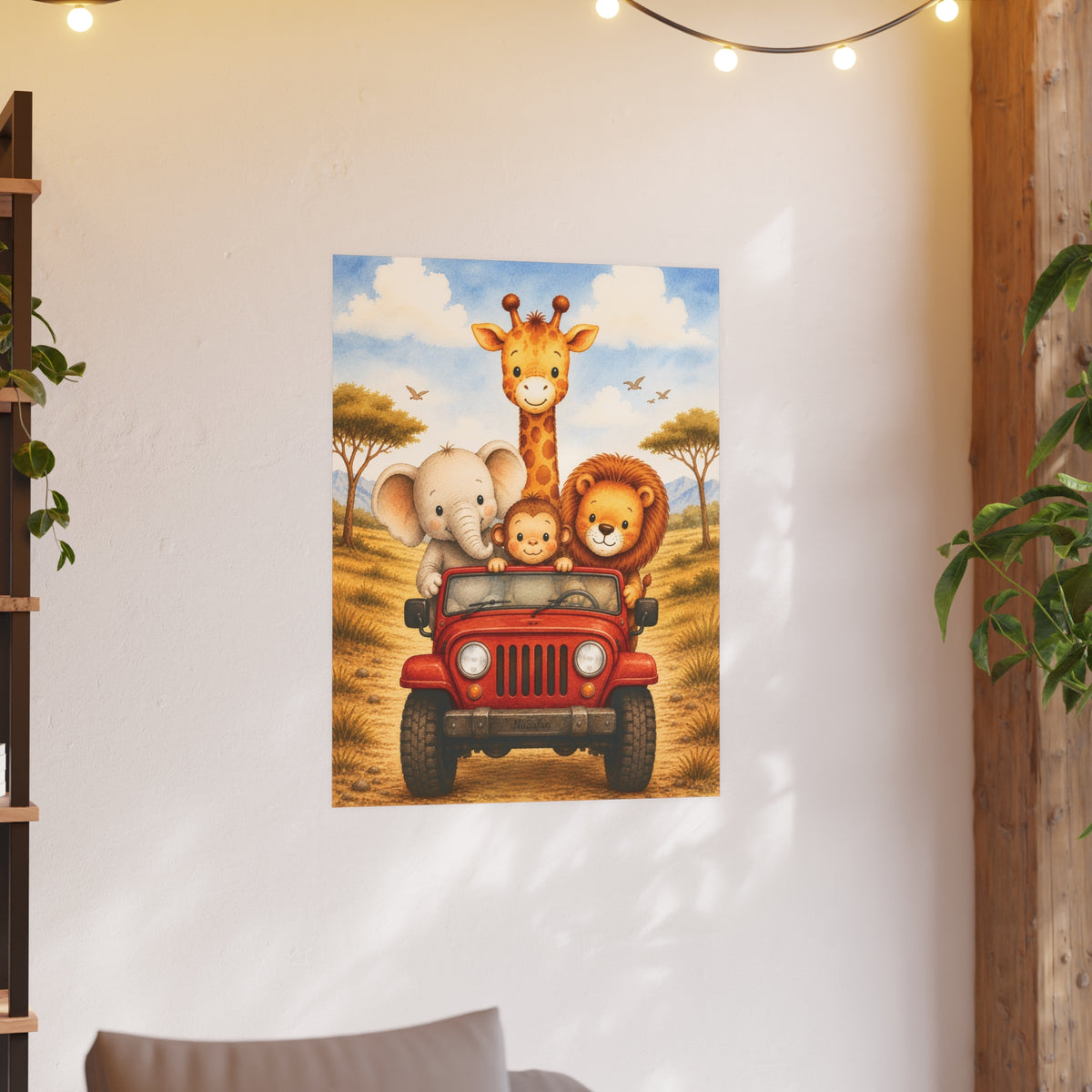 NuSafari™ Safari Nursery Wall Art Poster Unframed Animals in Red Jeep Poster Giraffe Elephant Lion and Monkey Toddler Bedroom