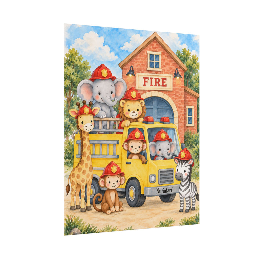 NuSafari™ Fire Truck Nursery Kids Wall Art Poster, Safari Animal Firefighter Decor Elephant, Lion, Giraffe, Monkey and Zebra