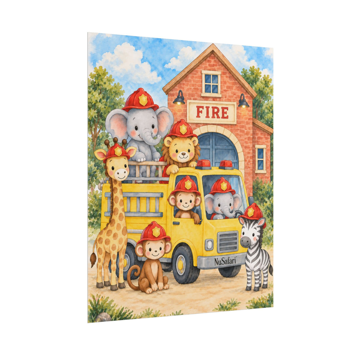 NuSafari™ Fire Truck Nursery Kids Wall Art Poster, Safari Animal Firefighter Decor Elephant, Lion, Giraffe, Monkey and Zebra