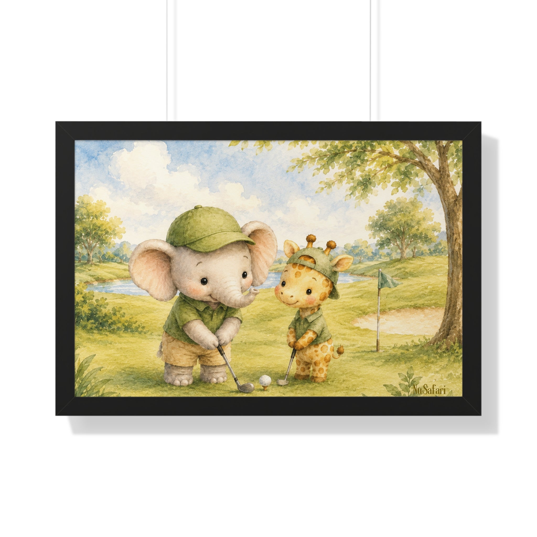 Framed Golf Nursery Decor, Elephant Giraffe Wall Art, Safari Print, Daddy Golf Theme Artwork Watercolor Animal Poster