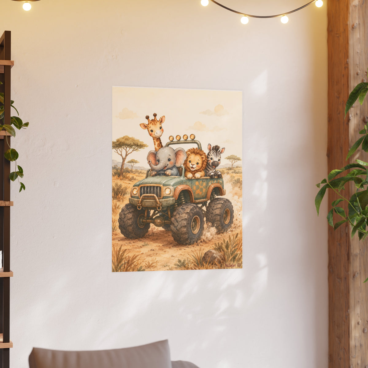 NuSafari™ Monster Truck Safari Wall Art Poster Safari Animal Nursery, Elephant Giraffe Lion Zebra Adventure Toddler Decor