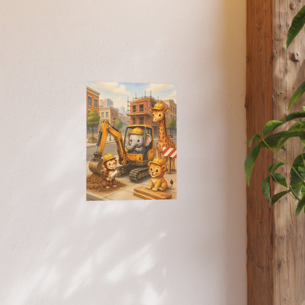 NuSafari™ Construction Nursery Poster Print Wall Art, Safari Animals Excavator Boys Room, Construction Decor, Matte Unframed