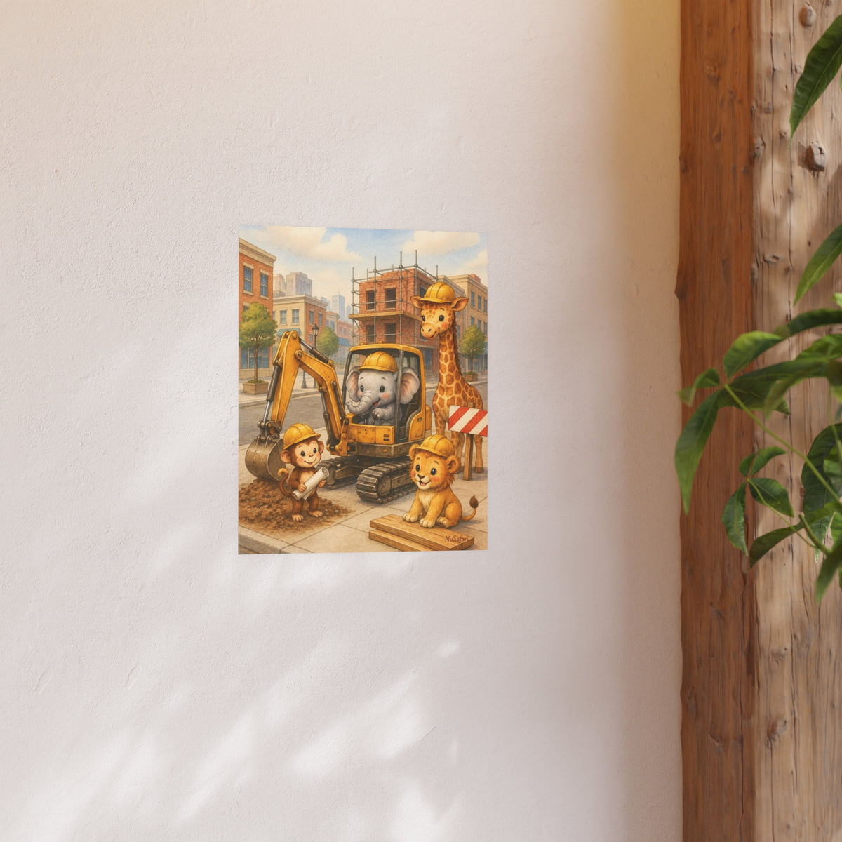 NuSafari™ Construction Nursery Poster Print Wall Art, Safari Animals Excavator Boys Room, Construction Decor, Matte Unframed