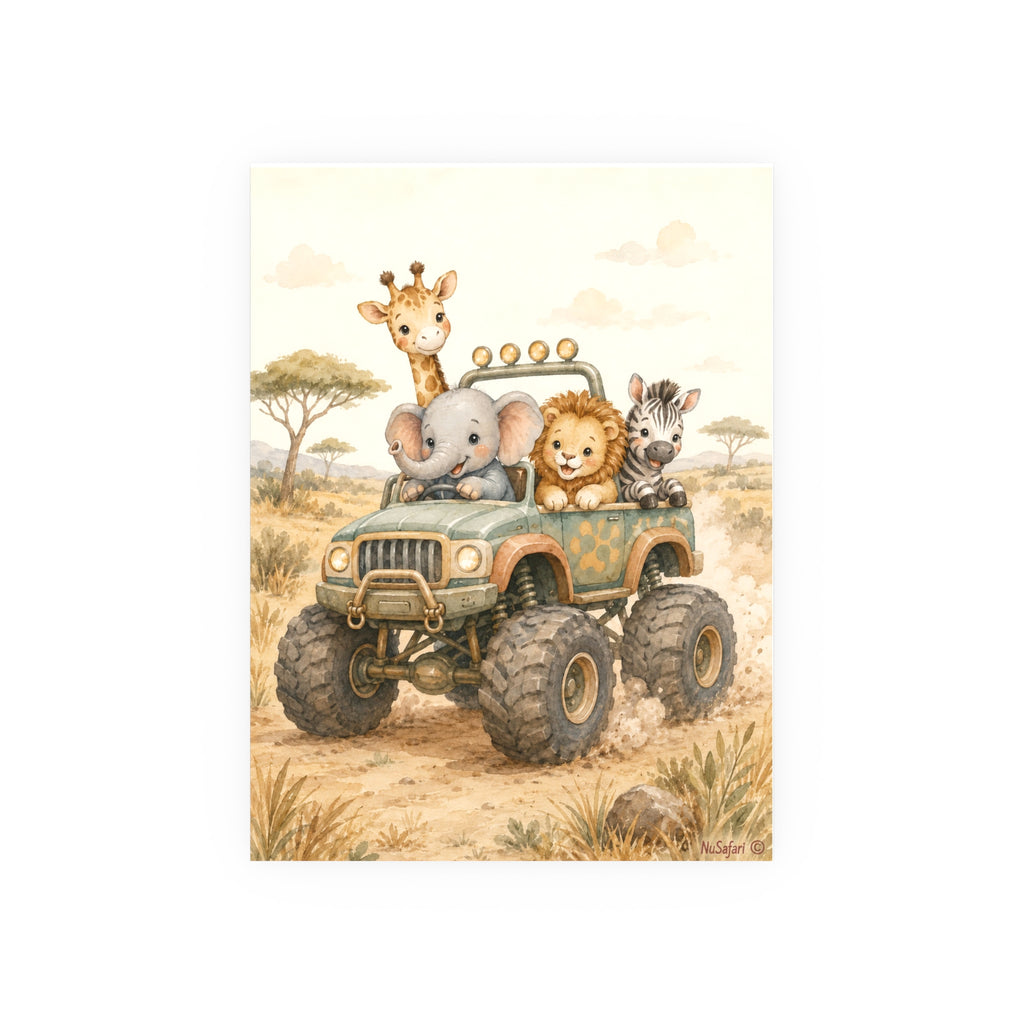 NuSafari™ Monster Truck Safari Wall Art Poster Safari Animal Nursery, Elephant Giraffe Lion Zebra Adventure Toddler Decor