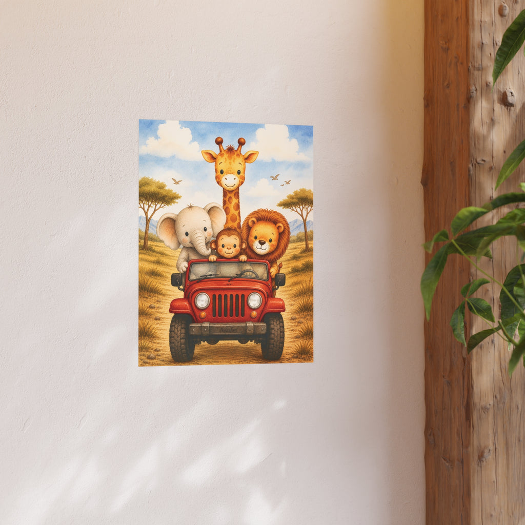 NuSafari™ Safari Nursery Wall Art Poster Unframed Animals in Red Jeep Poster Giraffe Elephant Lion and Monkey Toddler Bedroom