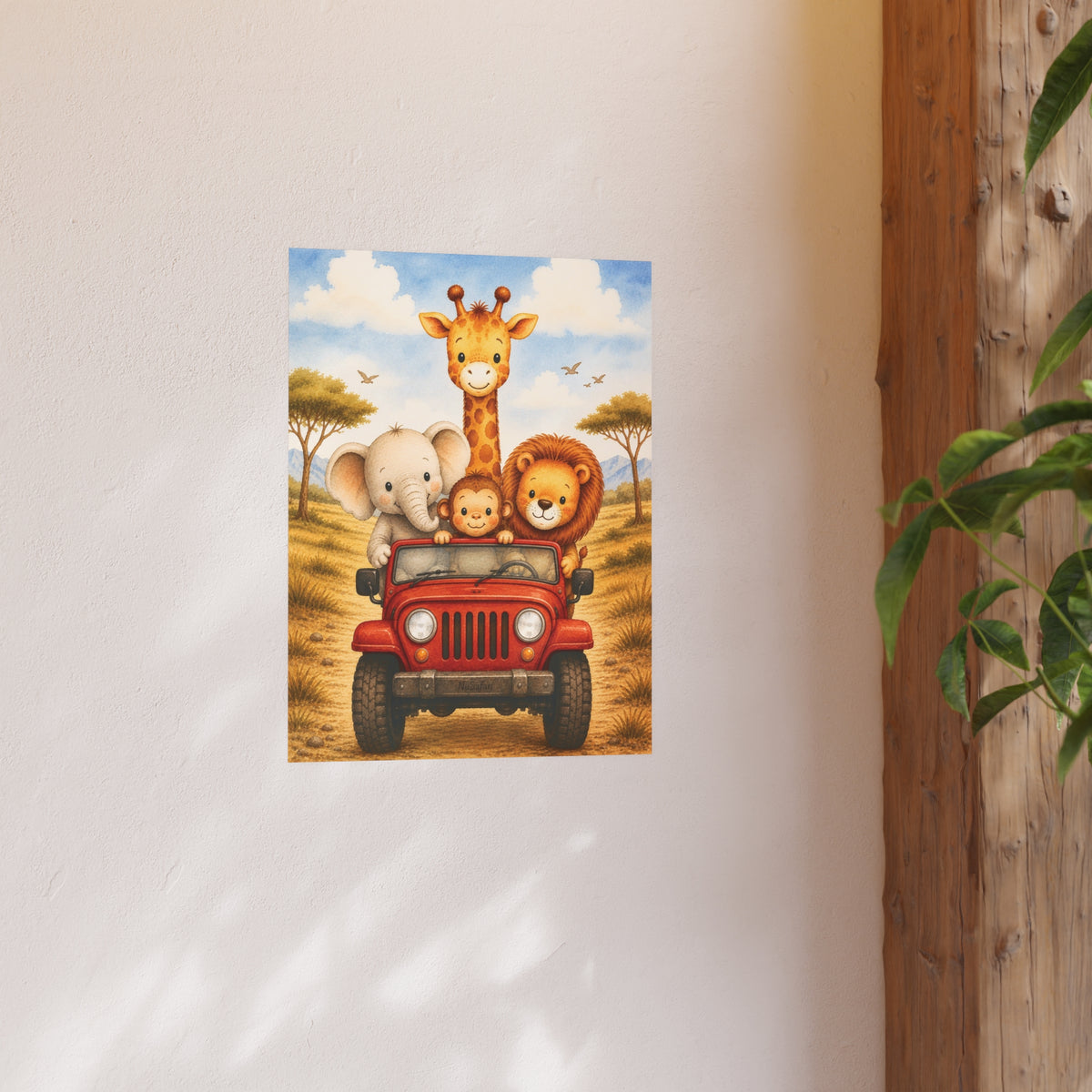 NuSafari™ Safari Nursery Wall Art Poster Unframed Animals in Red Jeep Poster Giraffe Elephant Lion and Monkey Toddler Bedroom
