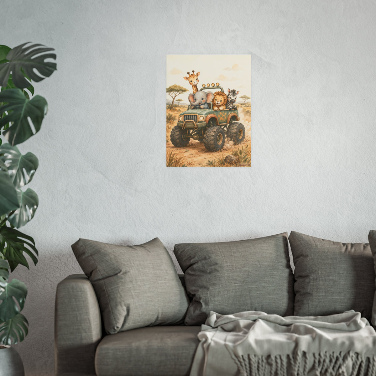 NuSafari™ Monster Truck Safari Wall Art Poster Safari Animal Nursery, Elephant Giraffe Lion Zebra Adventure Toddler Decor