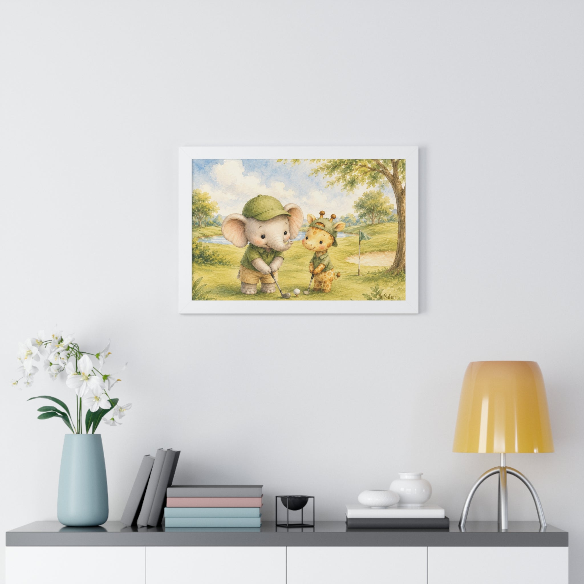 Framed Golf Nursery Decor, Elephant Giraffe Wall Art, Safari Print, Daddy Golf Theme Artwork Watercolor Animal Poster