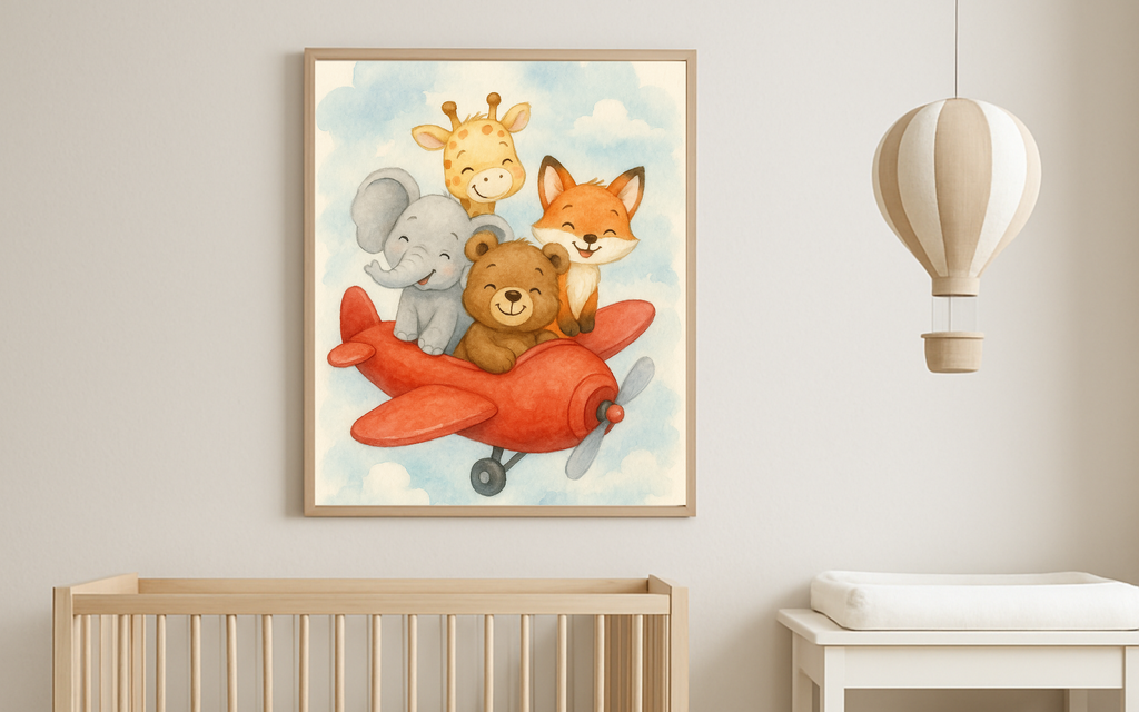 NuSafari Animal Friends Red Airplane Nursery Print Canvas