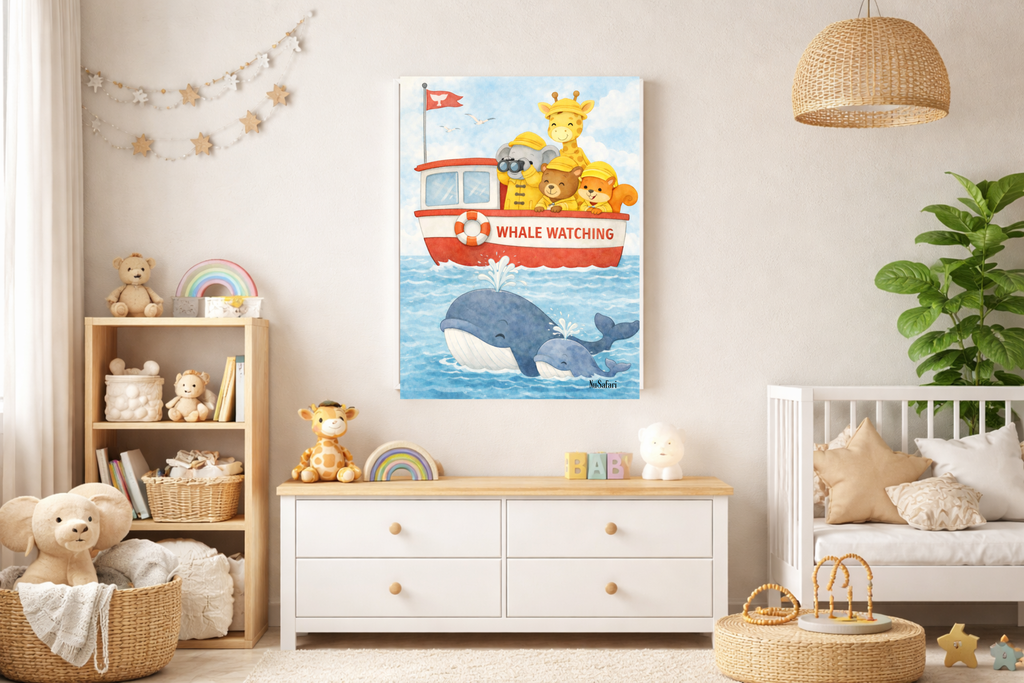 Safari Friends Ocean Helpers Whale Watching Wall Art Canvas –Cute Elephant Giraffe Nursery Decor