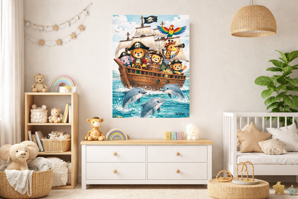 Safari Pirate Animals Nursery Wall Art Canvas– Cute Animal Pirate Ship with Dolphins – Kids Room Nautical Decor