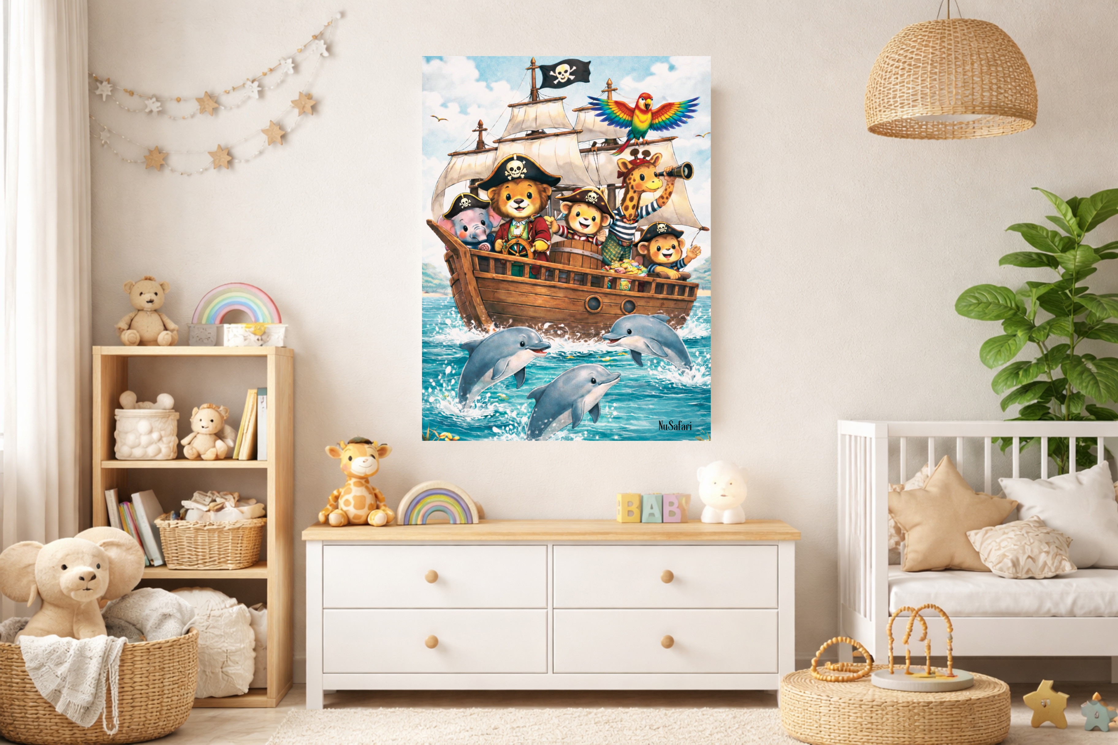 Safari Pirate Animals Nursery Wall Art Canvas– Cute Animal Pirate Ship with Dolphins – Kids Room Nautical Decor