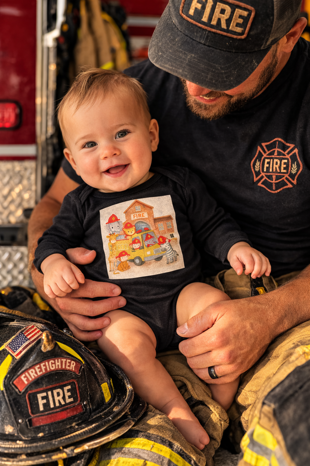 Infant Bodysuit — Yellow Firetruck & Animal Fireman Baby Onesie