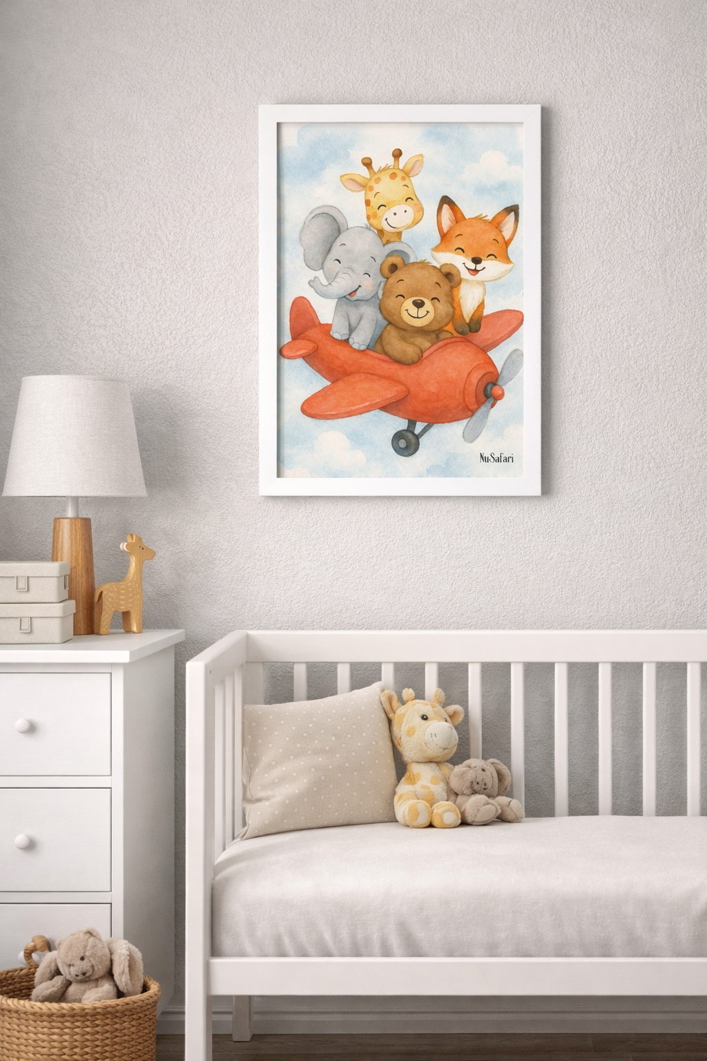White Frame Safari Animals Airplane Nursery Wall Art,  11"x 14" Framed Baby Room Decor, Whimsical Storybook Print, Neutral Nursery Gift, Kids Room Wall Art