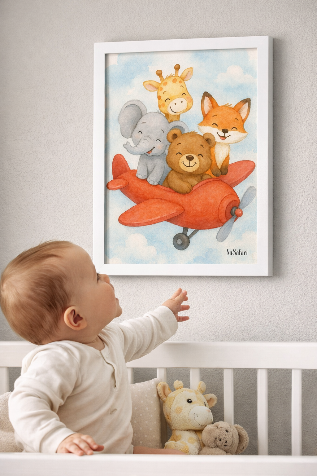 White Frame Safari Animals Airplane Nursery Wall Art,  11"x 14" Framed Baby Room Decor, Whimsical Storybook Print, Neutral Nursery Gift, Kids Room Wall Art