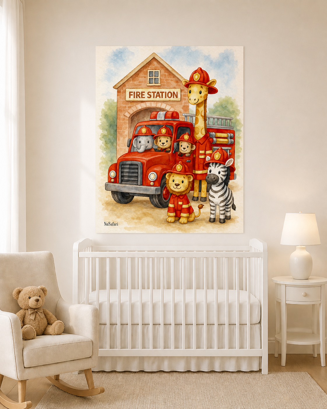 Firefighter Nursery Poster Safari Animal Fire Truck Wall Art, Baby Boy Room Decor, Kids Bedroom Print