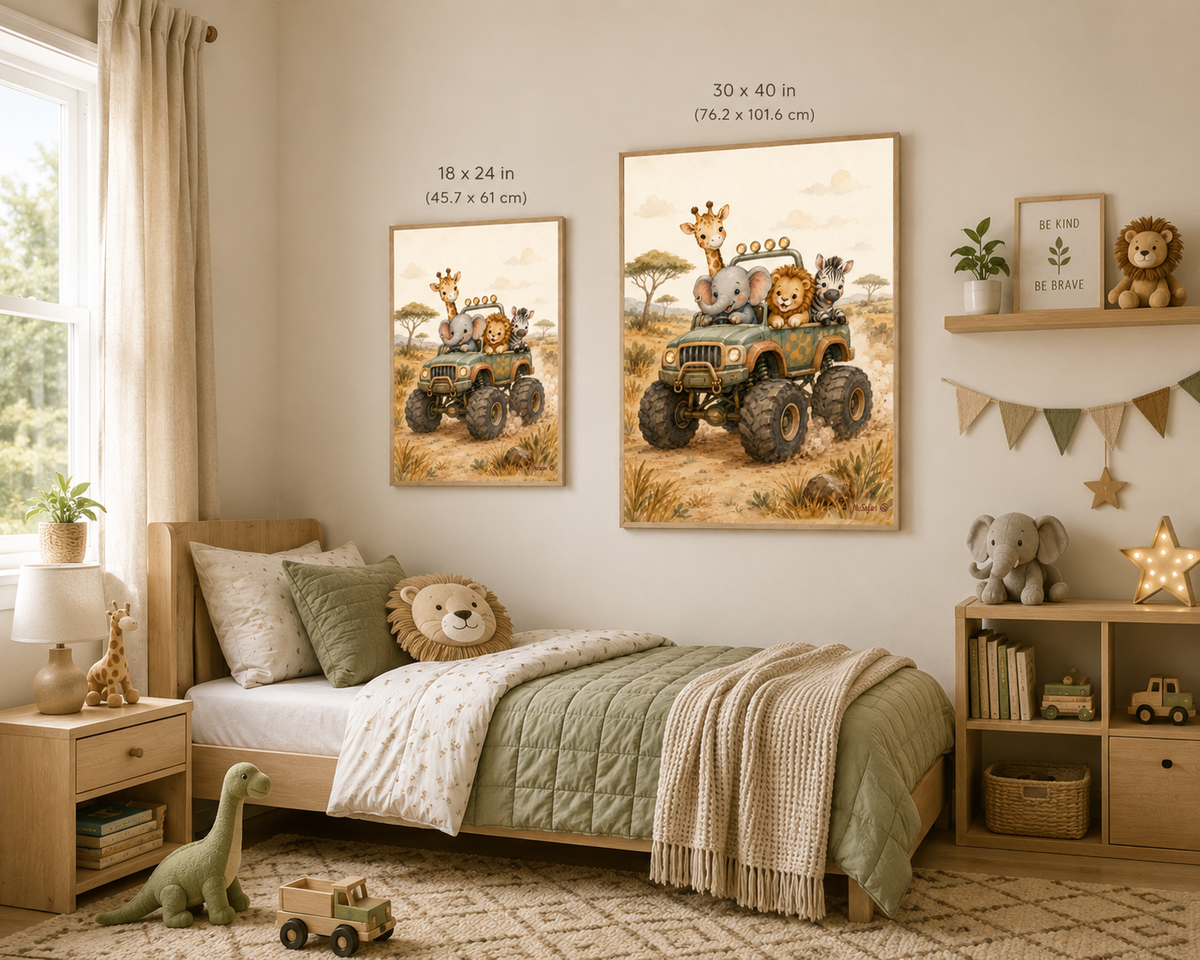 NuSafari™ Monster Truck Safari Wall Art Poster Safari Animal Nursery, Elephant Giraffe Lion Zebra Adventure Toddler Decor