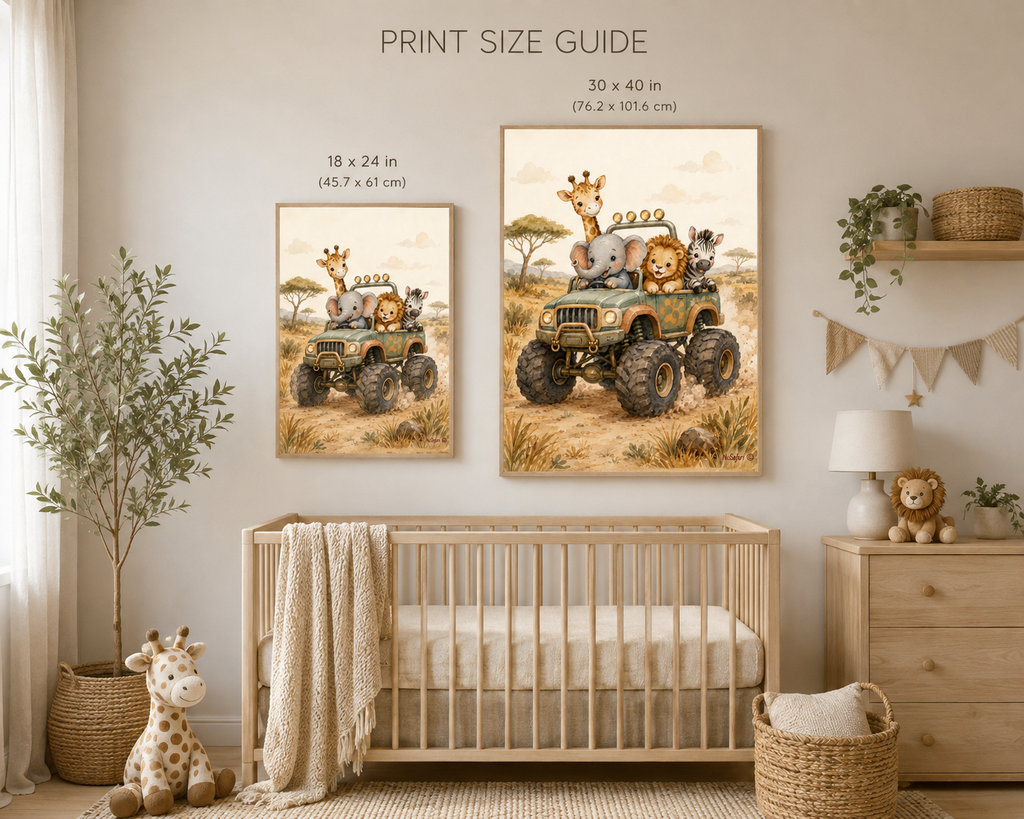 NuSafari™ Monster Truck Safari Wall Art Poster Safari Animal Nursery, Elephant Giraffe Lion Zebra Adventure Toddler Decor