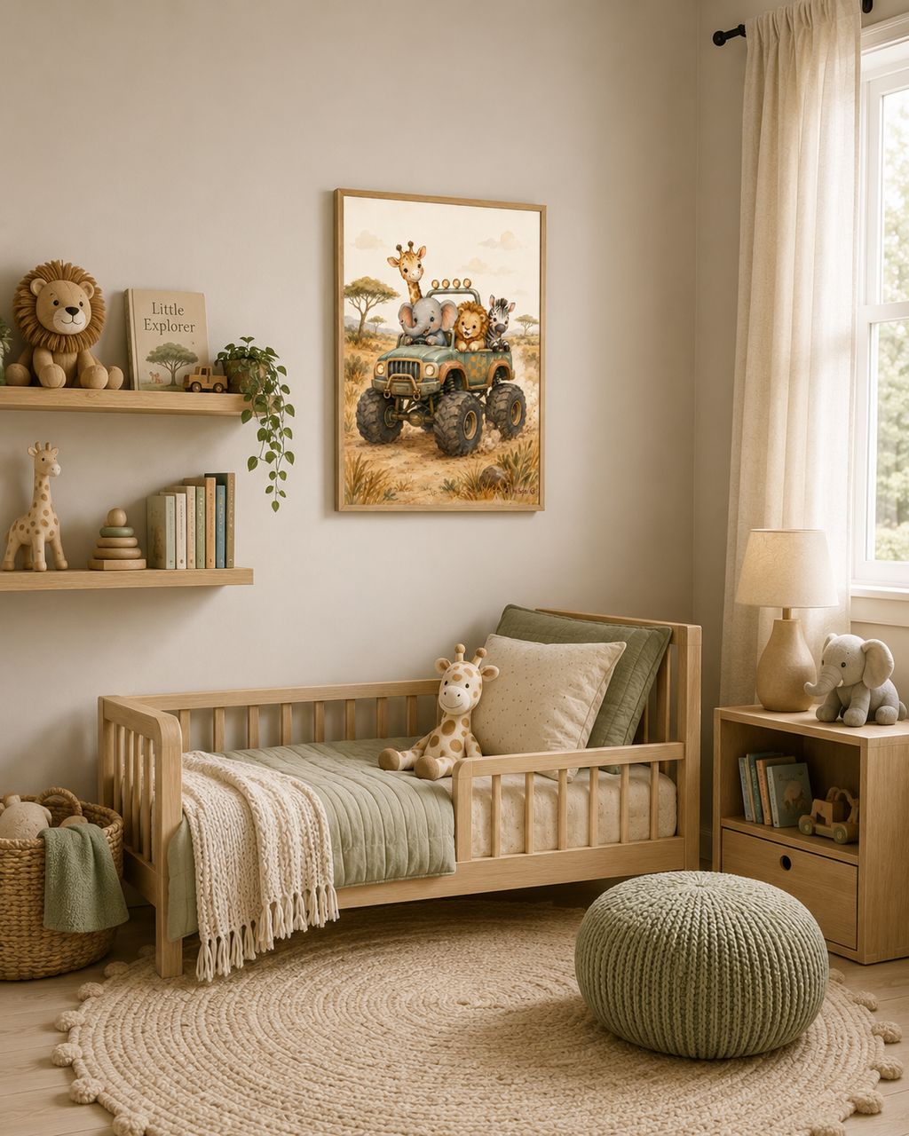 NuSafari™ Monster Truck Safari Wall Art Poster Safari Animal Nursery, Elephant Giraffe Lion Zebra Adventure Toddler Decor