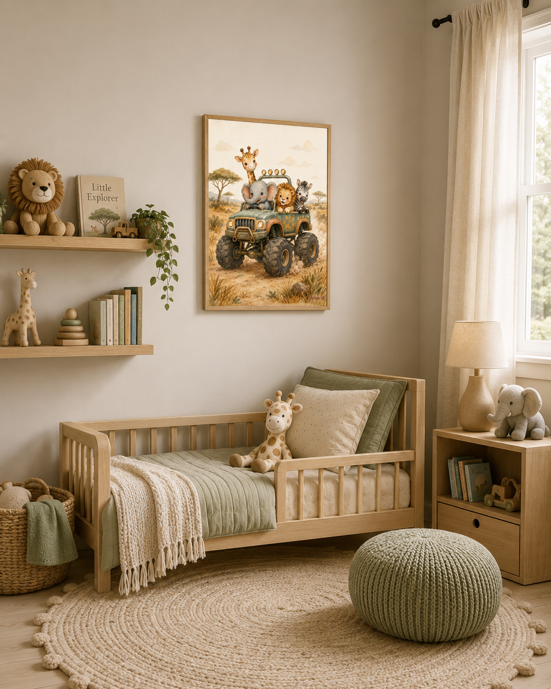 NuSafari™ Monster Truck Safari Wall Art Poster Safari Animal Nursery, Elephant Giraffe Lion Zebra Adventure Toddler Decor
