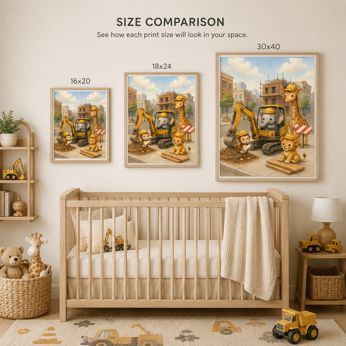 NuSafari™ Construction Nursery Poster Print Wall Art, Safari Animals Excavator Boys Room, Construction Decor, Matte Unframed