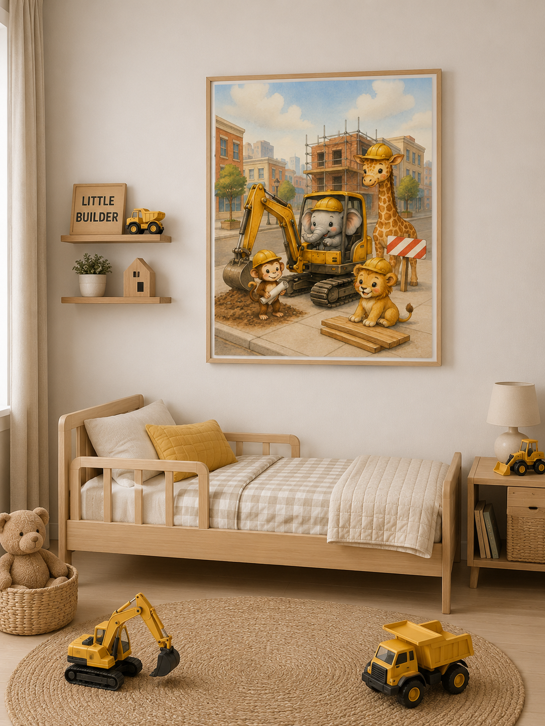 NuSafari™ Construction Nursery Poster Print Wall Art, Safari Animals Excavator Boys Room, Construction Decor, Matte Unframed