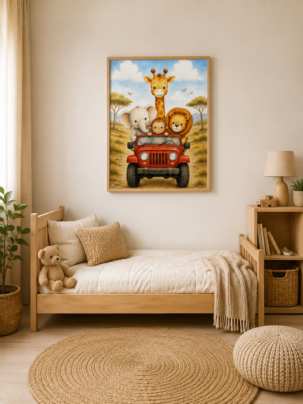 NuSafari™ Safari Nursery Wall Art Poster Unframed Animals in Red Jeep Poster Giraffe Elephant Lion and Monkey Toddler Bedroom