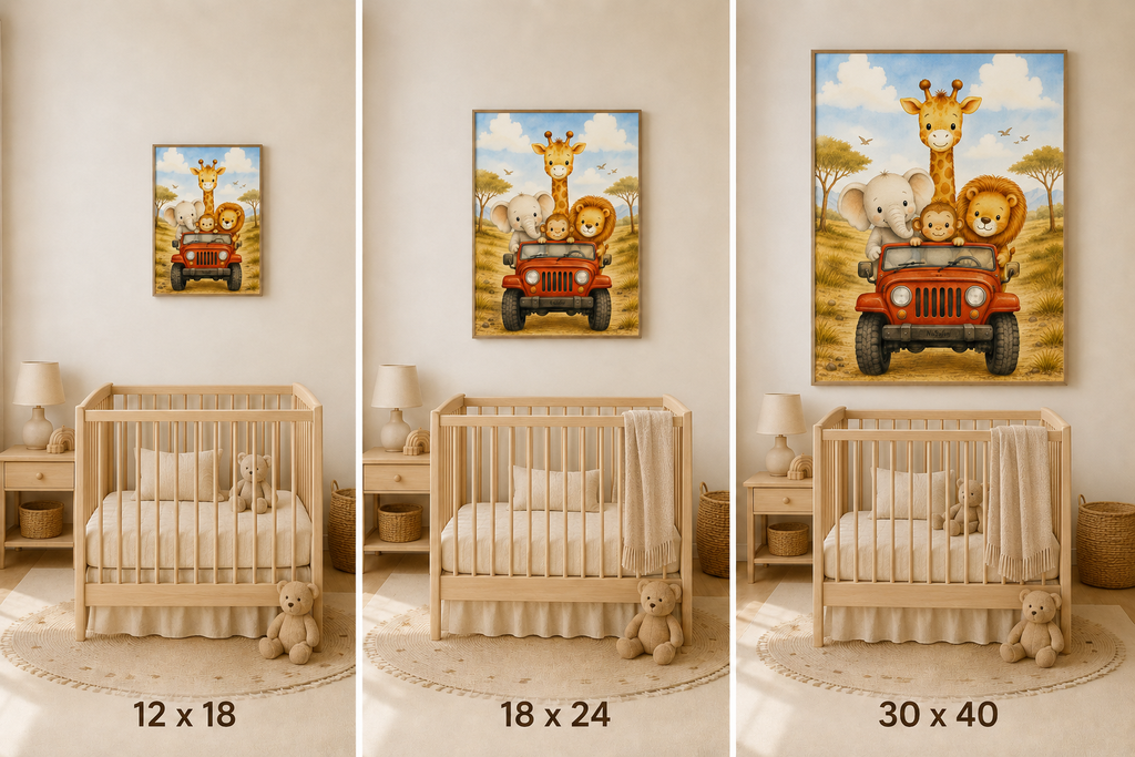 NuSafari™ Safari Nursery Wall Art Poster Unframed Animals in Red Jeep Poster Giraffe Elephant Lion and Monkey Toddler Bedroom