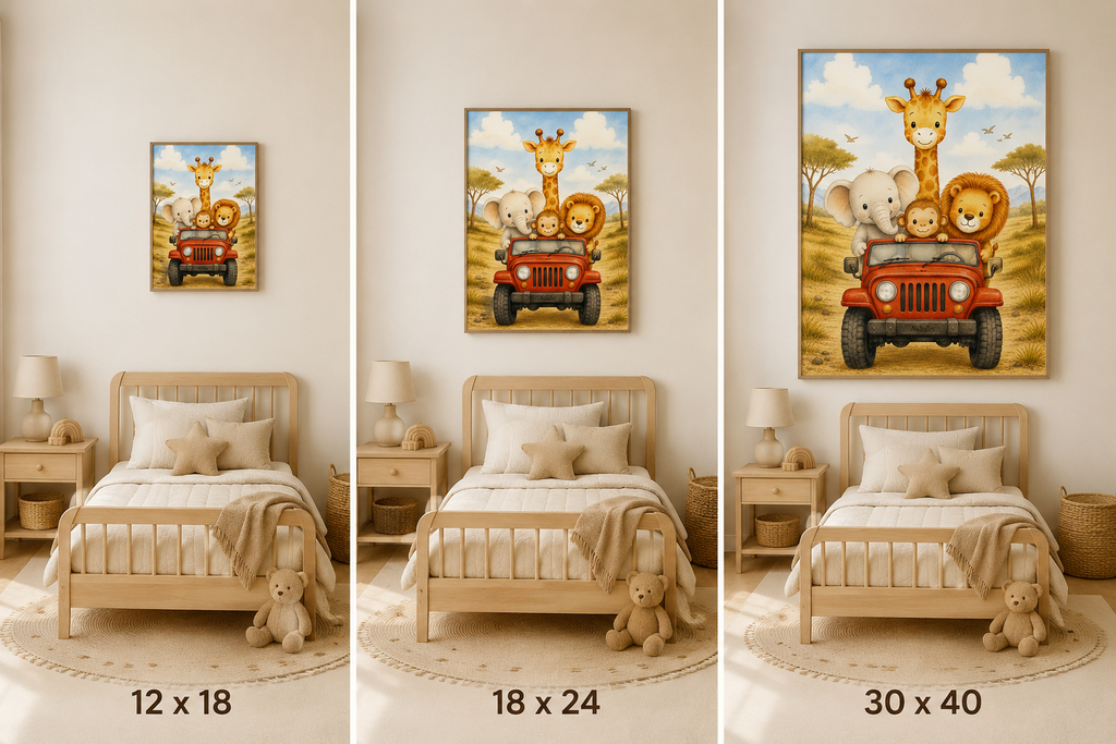 NuSafari™ Safari Nursery Wall Art Poster Unframed Animals in Red Jeep Poster Giraffe Elephant Lion and Monkey Toddler Bedroom